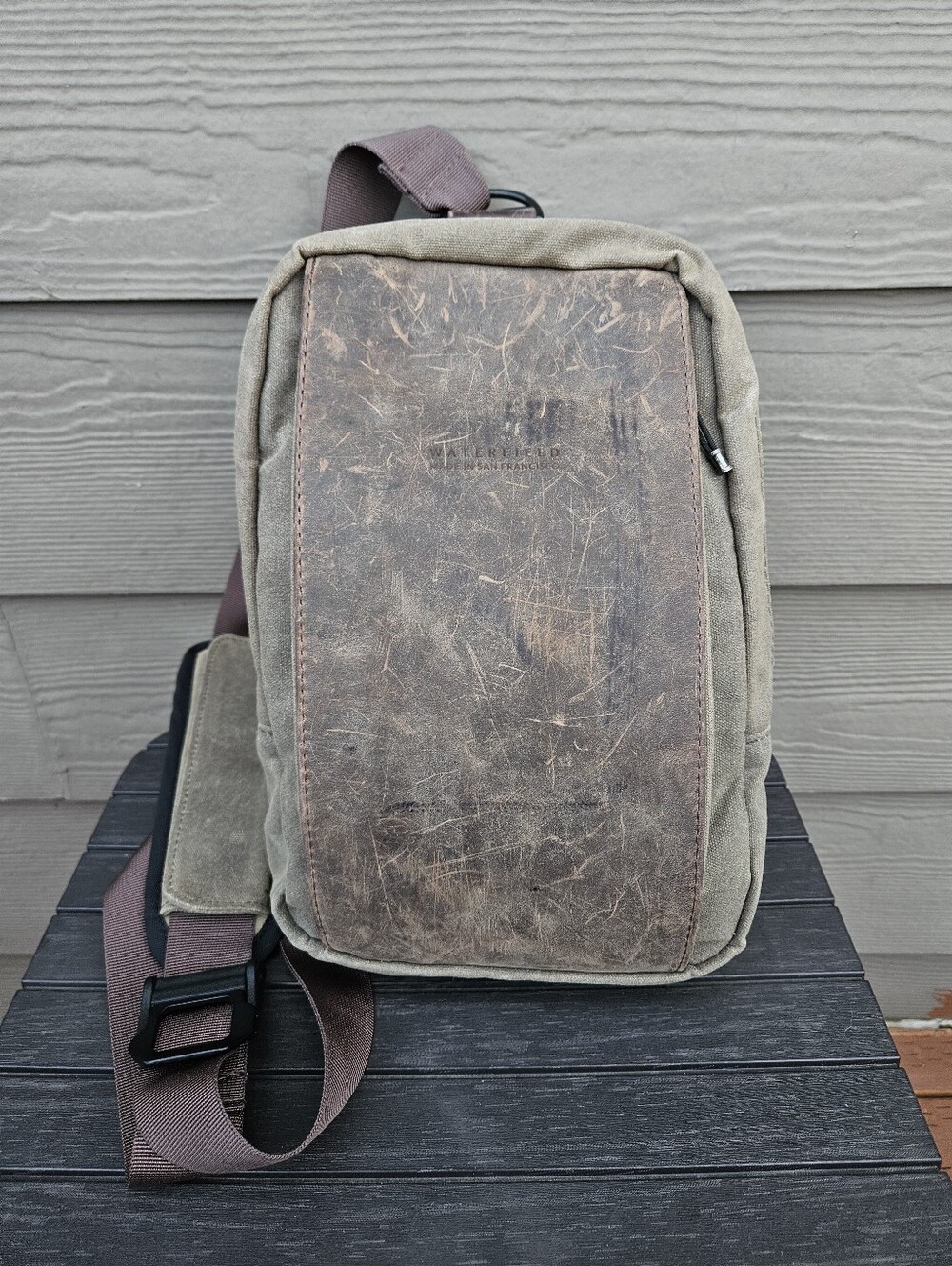 WaterField Sutter Tech Sling Bag Waxed Canvas Brown Distressed Leather Backpack